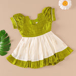 Lime Green & Cream Silk Puff Frock with Layered Frill Border