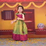 Charming Green and Pink Ethnic Pattu Pavadai Set for Girls Boon Babies