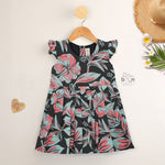 Stylish black cotton frock with floral prints and cap sleeves – comfy wear for girls aged 6M to 5Y.