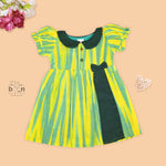 Green & Yellow cotton ikat puff frock with contrast collar & bow. Sizes 6M–4Y. Comfy, ethnic-inspired & festive-ready.