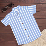 Blue striped cotton boys' shirt with Chinese collar by Boon Babies, featuring a printed design and comfortable fit for 6-12 months.