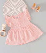 Peach Blush Crinkled Muslin Frill Frock – Soft, Airy & Playful Comfort