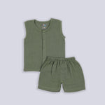 Army Green Crinkled Muslin Jabla & Shorts Set – Soft & Breezy Wear for Babies