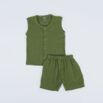 Olive Green Crinkled Muslin Jabla and Shorts Set – Soft & Comfy Everyday Essential
