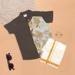 Brown Silk Panel Shirt with Ivory Pattu Dhoti for Boys – Traditional Ethnic Wear