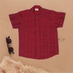 Maroon silk checked shirt with Chinese collar paired with golden border cream dhoti – traditional boys ethnic wear from Boon Babies for 6 months to 5 years.