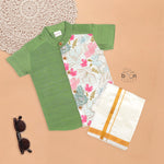 Olive Green Silk Panel Shirt with Pattu Dhoti for Boys – Traditional & Festive Wear