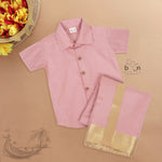 Rose pink silk shirt & dhoti with golden zari border for boys aged 6M–5Y. Ideal festive wear for Onam & celebrations.