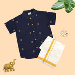 Elegant navy blue silk butta shirt with ivory dhoti & zari border. Perfect festive wear for boys aged 6M–5Y.