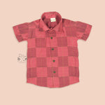 Brick red silk boys' ethnic shirt and dhoti set with intricate details, perfect for festive wear, by Booon Babies.