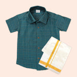 Elegant teal silk checkered shirt with golden-border dhoti — a premium, festive ethnic wear set for boys.