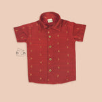 Crimson red silk boys' ethnic shirt and dhoti set, festive and royal style, by Booon Babies for 6-12 months.