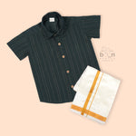 Dark green silk ethnic shirt and ivory dhoti set with gold border for boys aged 12M to 5Y – Boon Babies traditional festive babywear combo.