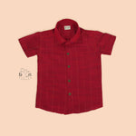 Maroon silk boys' ethnic shirt and dhoti set in classic South Indian style, featuring Booon Babies brand for ages 6-12 months.