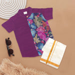 Purple Floral Panel Silk Shirt with Cream Pattu Dhoti – Traditional Wear for Boys