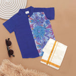 Royal Blue Floral Panel Silk Shirt with Cream Pattu Dhoti – Festive Ethnic Outfit for Boys