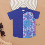 Royal Blue Floral Panel Silk Shirt with Cream Pattu Dhoti – Festive Ethnic Outfit for Boys
