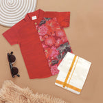 Rust Red Floral Panel Silk Shirt with Cream Pattu Dhoti – Ethnic Wear for Boys