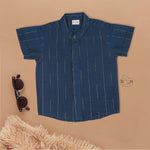 Teal blue checked silk shirt with Chinese collar and white dhoti with gold border – festive ethnic outfit for baby boys from Boon Babies.