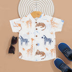 Booon Babies boys jungle safari printed cotton shirt with Mandarin collar, featuring a fun jungle design for ages 6-12 months.
