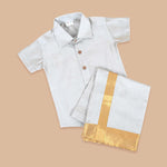 Grey Silk Shirt with Traditional Pattu Dhoti Set for Boys