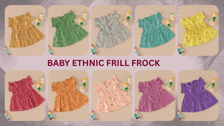 Baby ethnic frill frock made from soft silk with pleated flare design. Elegant newborn to toddler ethnic frock from Boon Babies Coimbatore.