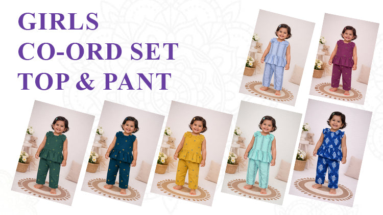 Girls handloom cotton co-ord set with sleeveless top and matching pant. Soft and breathable kids co-ord set for ages 1–5 from Boon Babies Coimbatore.
