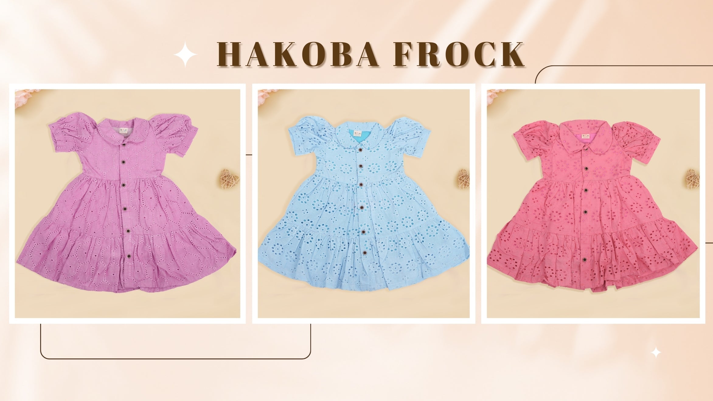 Soft and breathable Hakoba baby frock with eyelet embroidery, puff sleeves, and a flared silhouette—perfect for stylish comfort from 1 to 4 years.