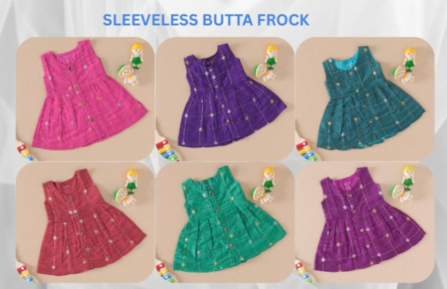Sleeveless silk butta frock for baby girls in rani pink, royal purple, maroon, teal blue, emerald green and violet shades. Premium ethnic baby wear with woven butta design, soft festive silk frock by Boon Babies.