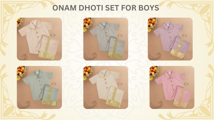 Traditional Onam dhoti set for boys made from premium Onam silk, featuring a soft shirt and classic zari-bordered dhoti for festive comfort and style.