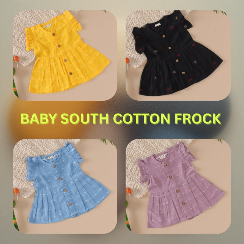 "Baby South cotton frock with pleated design and front wooden buttons. Soft and breathable baby frock for NB–24 months from Boon Babies Coimbatore."