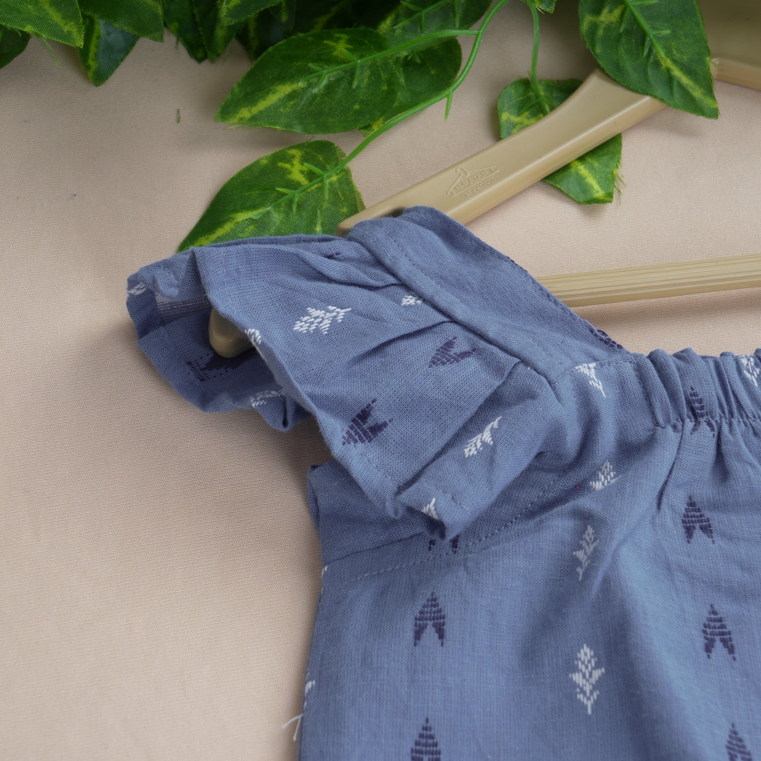 Girls Denim Blue Handloom Cotton Frill Top & Shorts