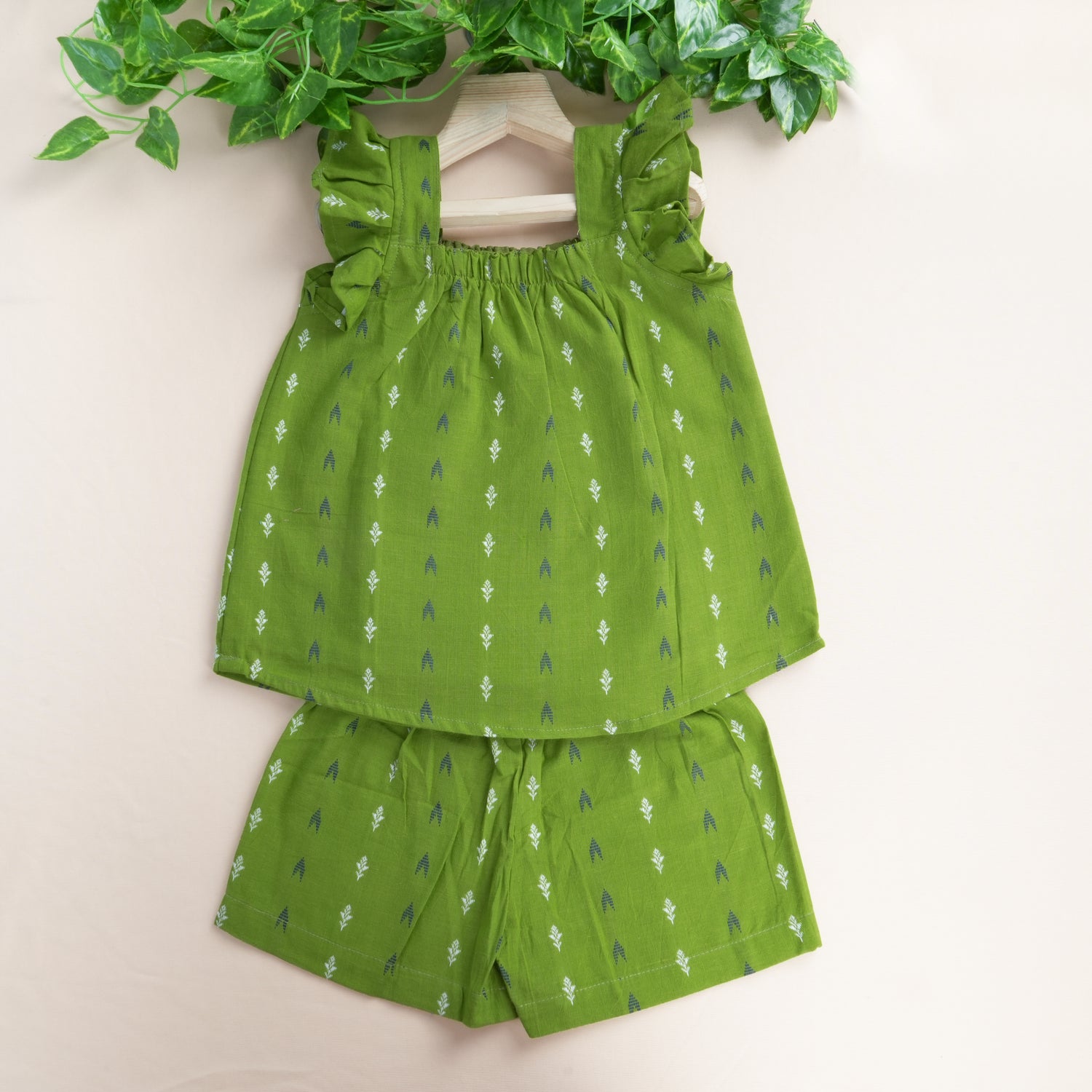 Girls Green South Cotton Co-ord Set – Frill Shoulder Top & Shorts