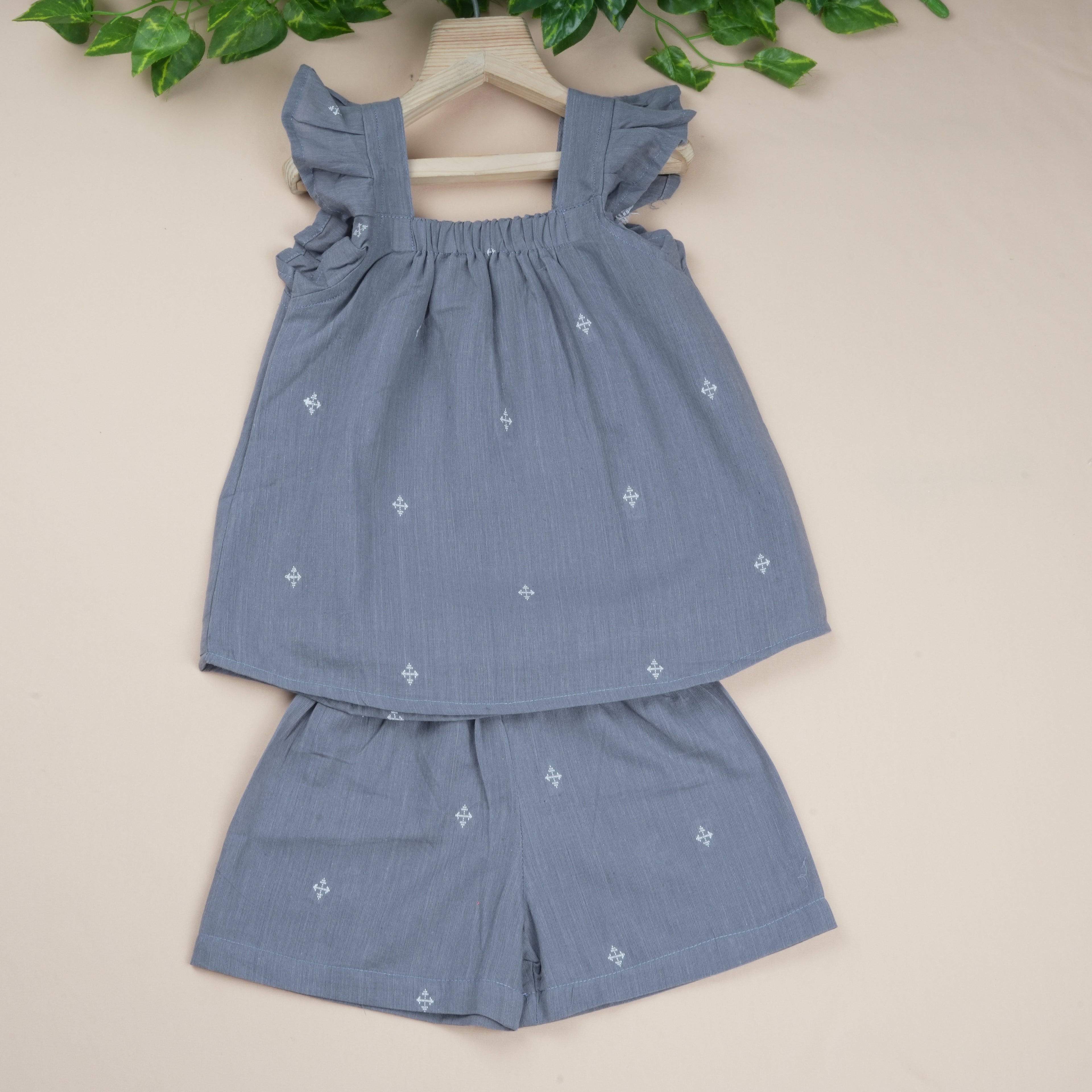 Girls grey and blue frill top and shorts set by Boon Babies, featuring a stylish co-ord outfit for girls.