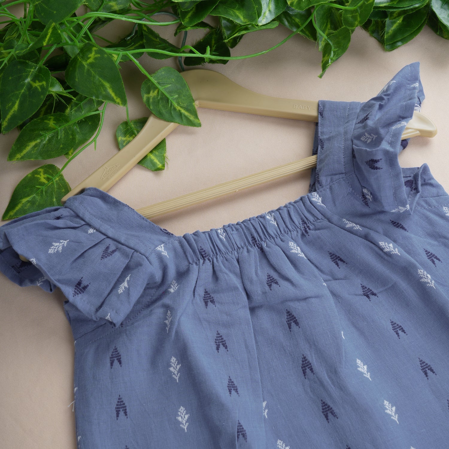 Girls Denim Blue Handloom Cotton Frill Top & Shorts