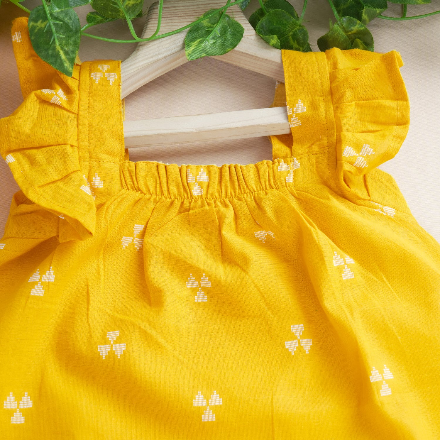 Girls Mustard Yellow Handloom Cotton Frill Top & Shorts