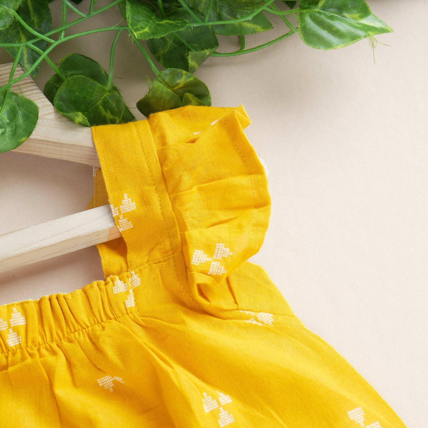 Girls Mustard Yellow Handloom Cotton Frill Top & Shorts