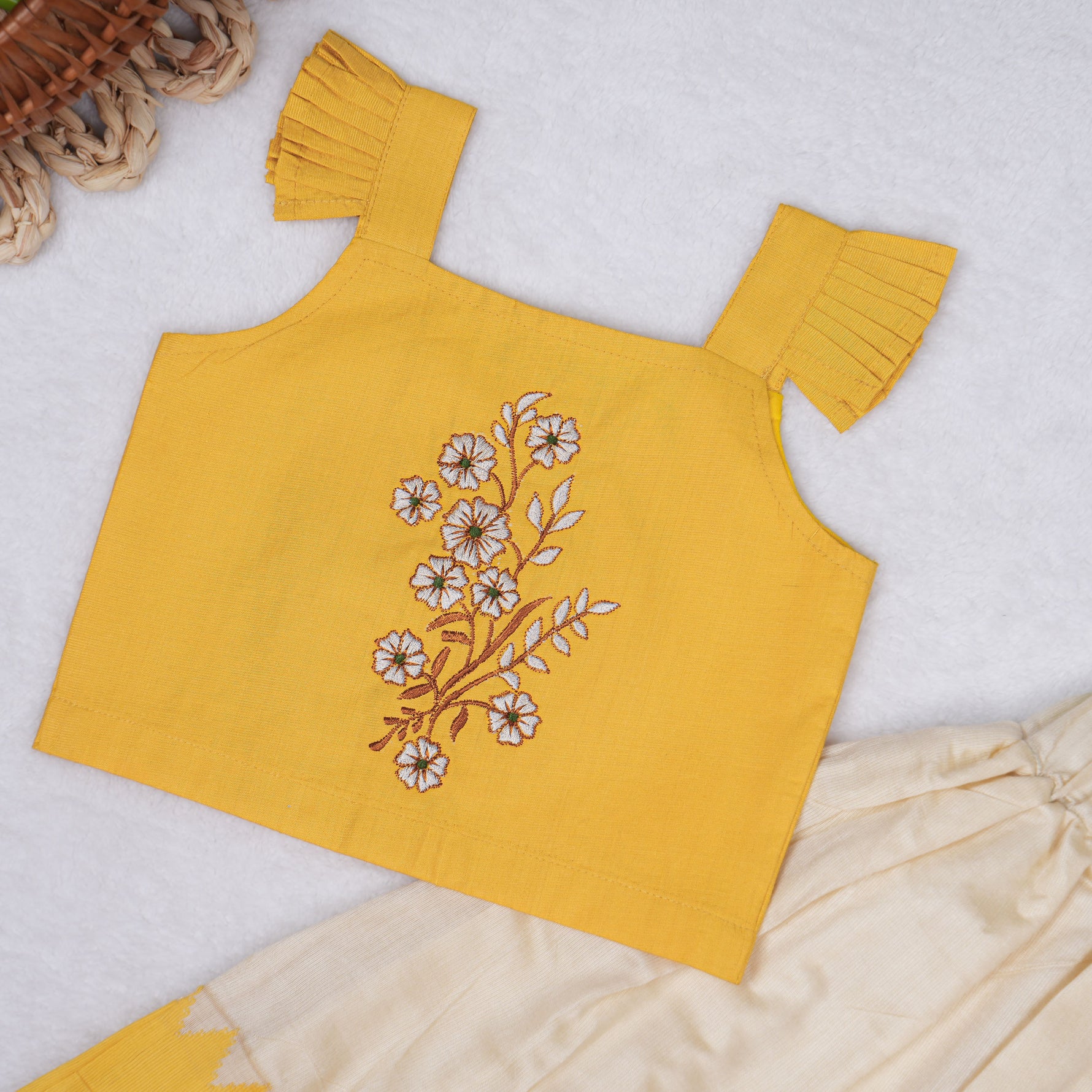 Mustard yellow cotton top with cream skirt, soft lining, elastic waist and comfy fit – perfect Kerala-style ethnic wear for girls aged 1–5 years.