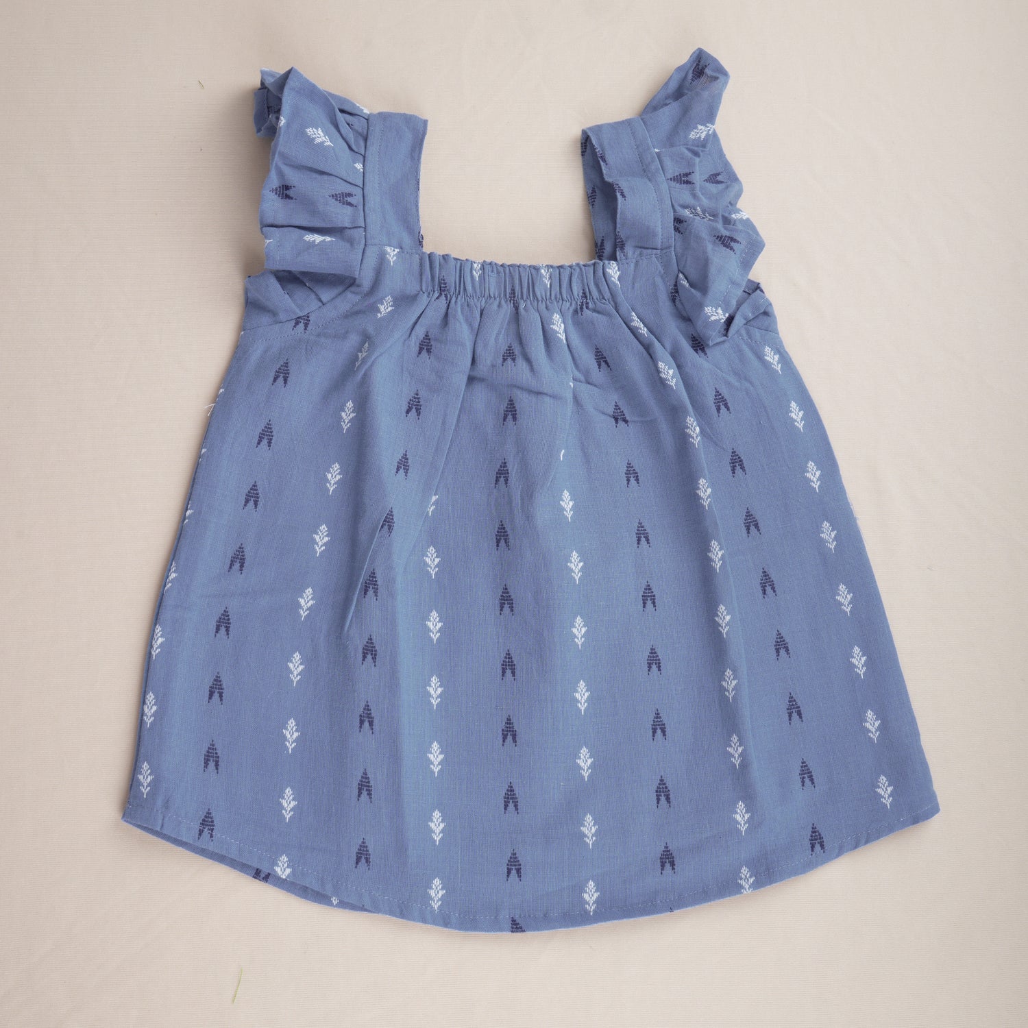 Girls Denim Blue Handloom Cotton Frill Top & Shorts