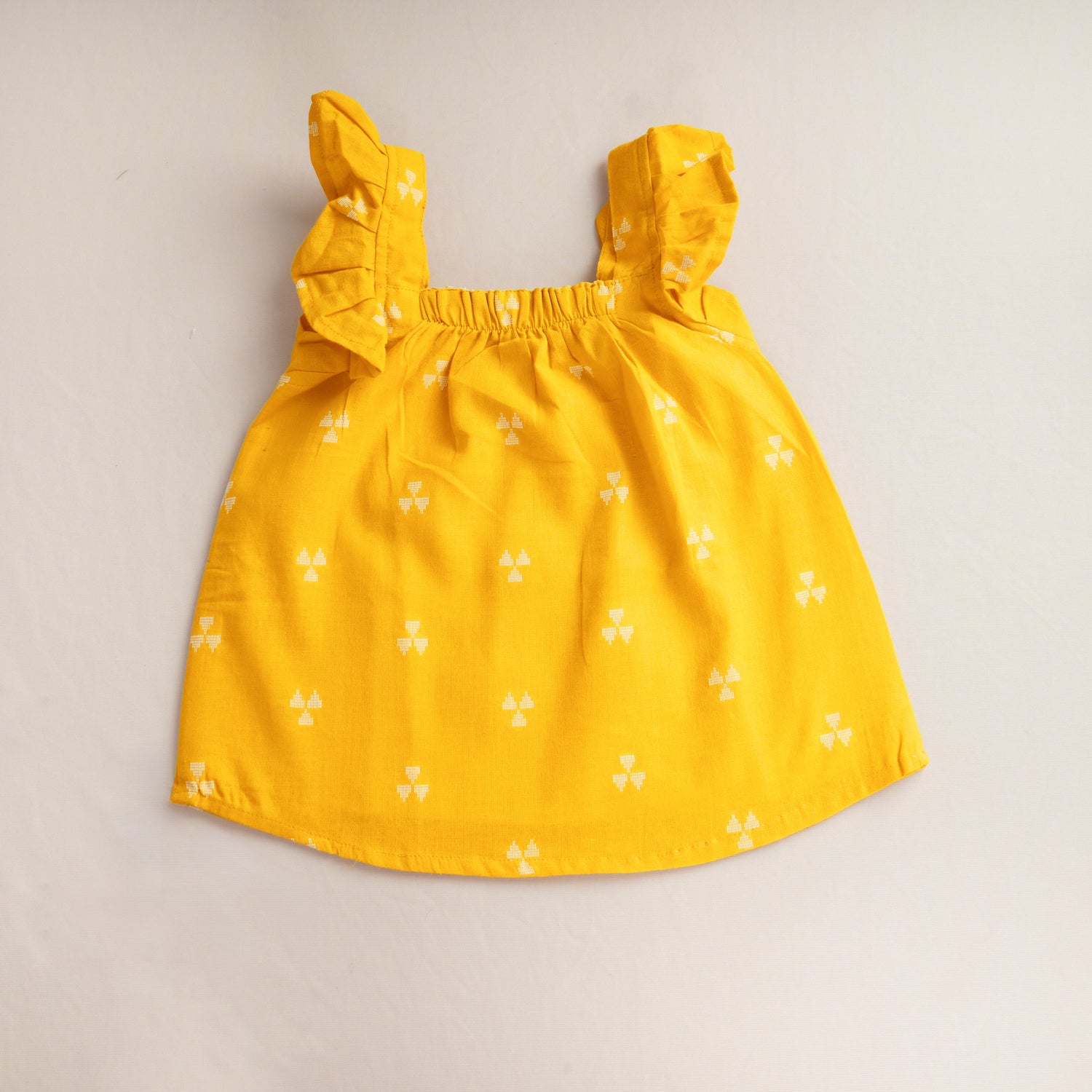Girls Mustard Yellow Handloom Cotton Frill Top & Shorts