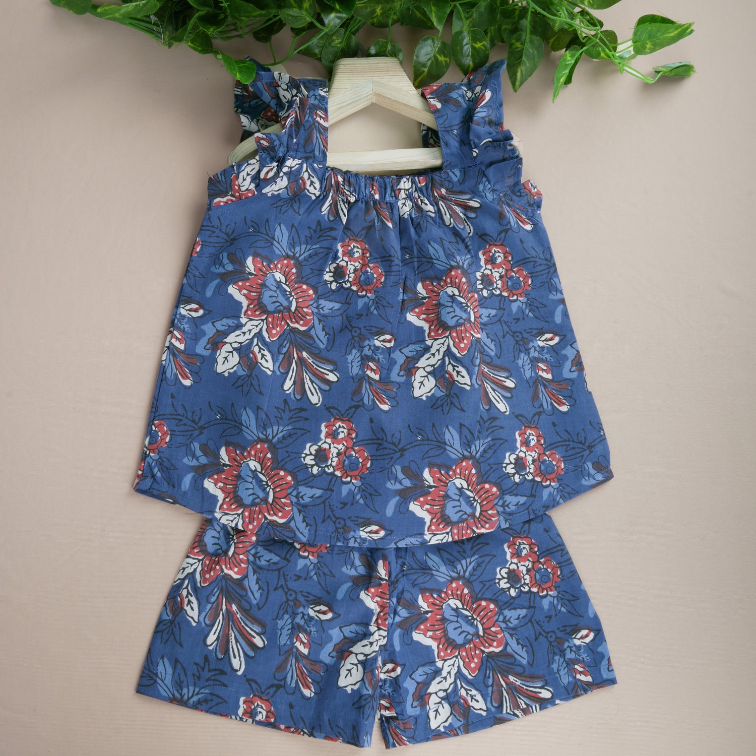 Girls Blue Printed Frill Top & Shorts Set