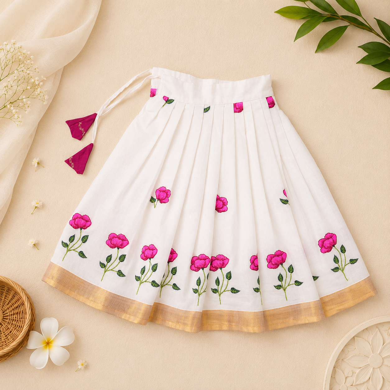 Girls Embroidered Onam Raw Silk Top & Cotton Skirt Set – Green Magenta & White