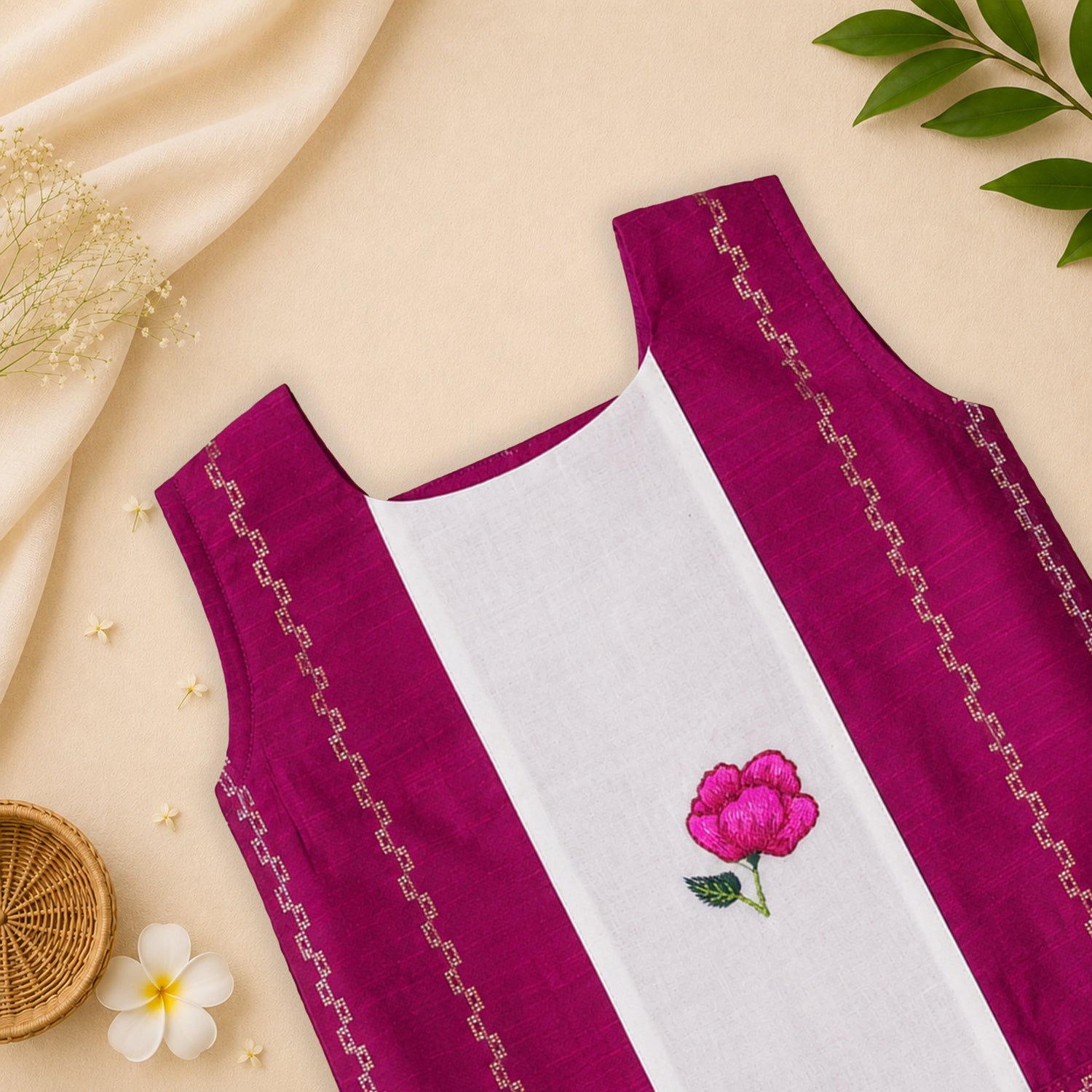 Girls Embroidered Onam Raw Silk Top & Cotton Skirt Set – Magenta & White