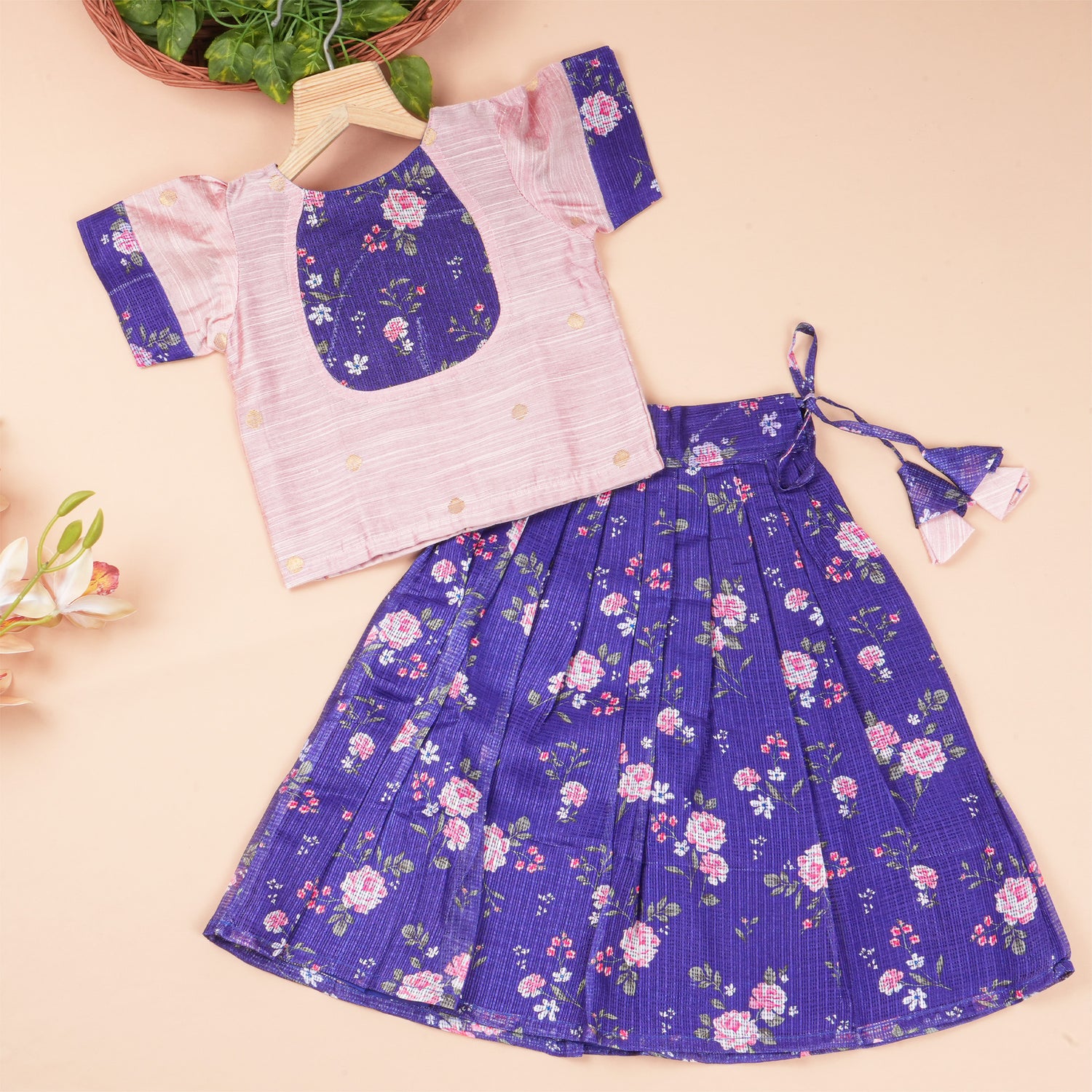 Pink and purple floral ethnic skirt set with matching top, featuring traditional patterns from Boon Babies.