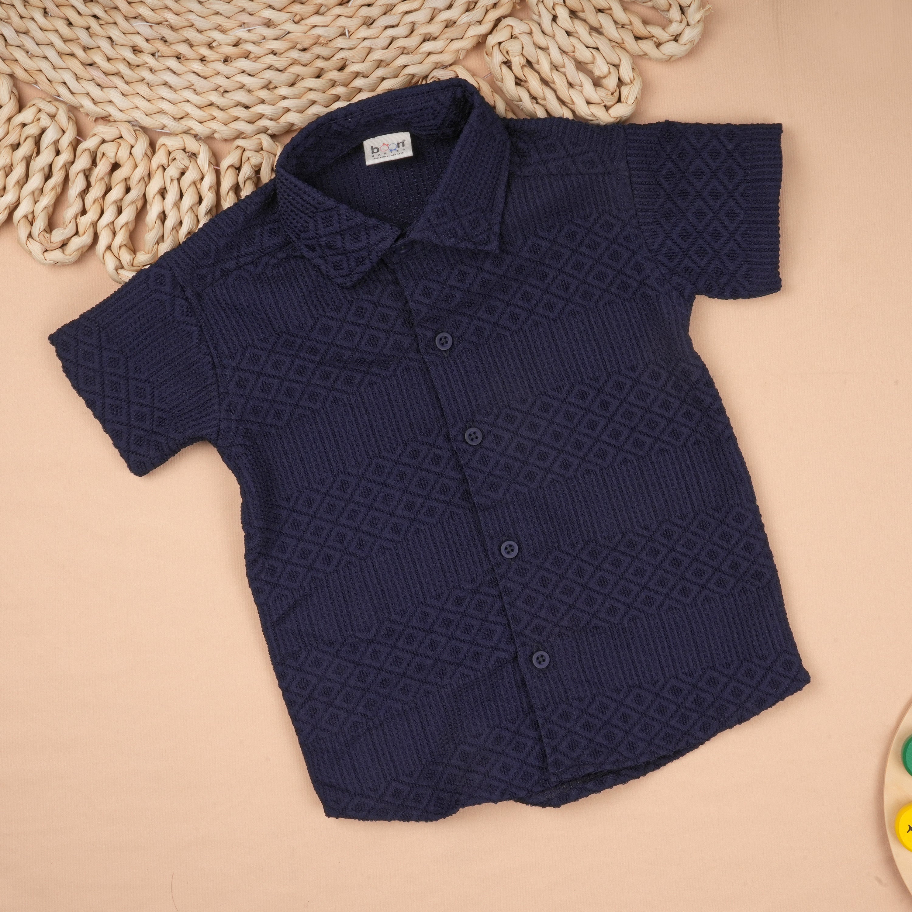 Lightweight Boon Babies boys' solid popcorn shirt with regular collar, casual polycotton shirt for kids aged 6 months to 5 years.