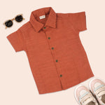 Boys cotton straight collar printed burnt orange casual shirt by Boon Babies, featuring a stylish design and comfortable fit.