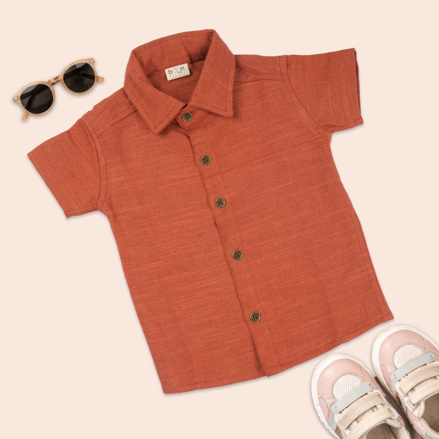 Boys cotton straight collar printed burnt orange casual shirt by Boon Babies, featuring a stylish design and comfortable fit.