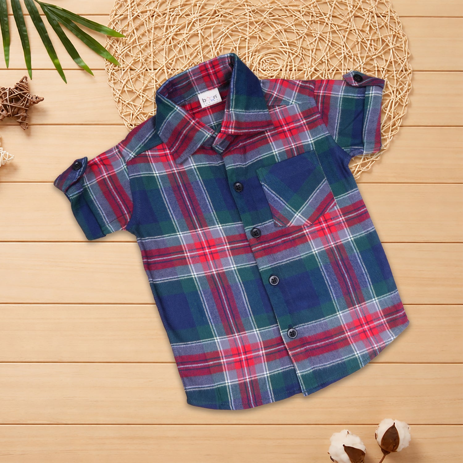 Soft and breathable cotton checked shirt for boys with a mandarin collar—ideal for casual and outdoor wear.