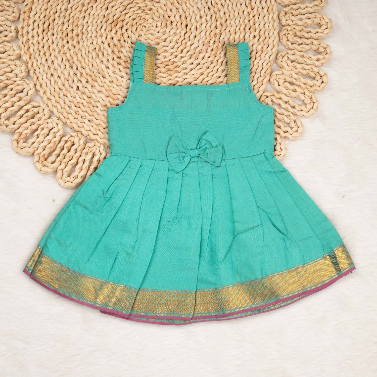 Baby Girl Turquoise Tissue Silk Mangalagiri Border Frock