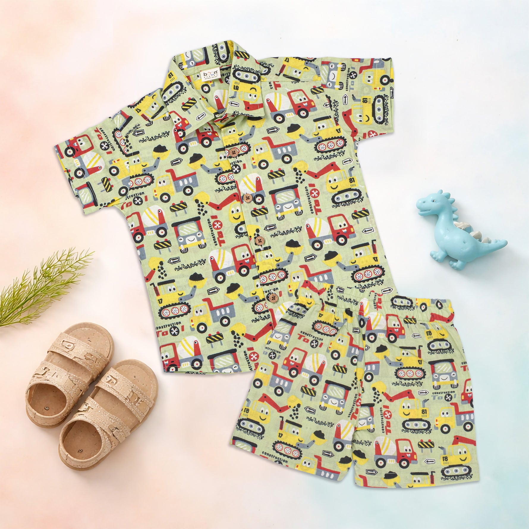 Boon Babies Jaipur cotton shirt and shorts set with printed design, straight collar, breathable summer wear for kids.